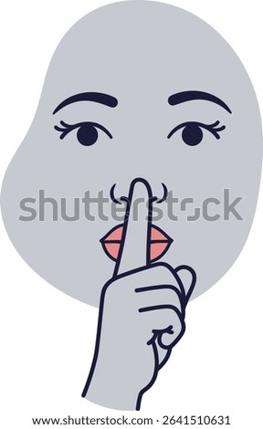 Illustration shows a face with a finger placed on lips signaling quiet or silence, emphasizing calm and secrecy in a simple design. Calm mood.