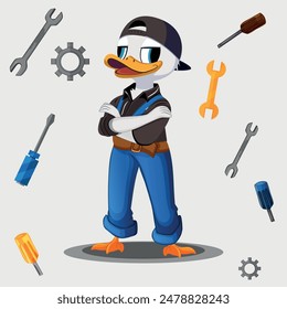 The illustration shows a female duck mechanic with tools
