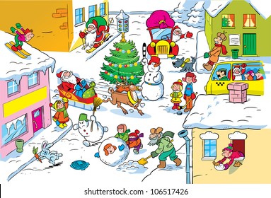 The illustration shows the festive city of New Year's Eve.Santa Claus in a hurry for the holidays with gifts.A beautiful Christmas tree stands in the street, and around the children play.