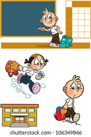 The illustration shows a few children. A boy stands near the blackboard in the classroom. Girl in a hurry to school. The boy returned from school. Illustration done on separate layers.