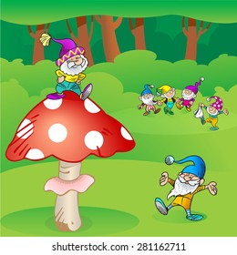 
The illustration shows a few funny gnomes in the woods. They play and dance in a circle. Illustration done in cartoon style, on separate layers.