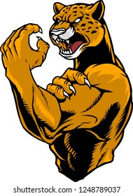 The illustration shows a fighter Jaguar.He has a brown color, a threatening face, a strong body full of muscles and sharp fangs. His look is full of anger and aggressiveness.