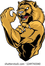 The illustration shows a fighter Lion.He has a brown fur color, a threatening face, a strong body full of muscles and sharp fangs. His look is full of anger and aggressiveness.