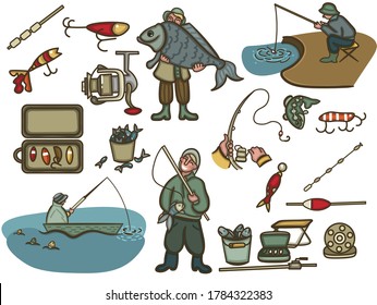 The illustration shows a fisherman with a caught fish, hands with a fishing rod, tackle, a bucket of fish, a fisherman in a boat, a reel and a folding chair.