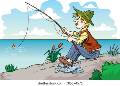 The illustration shows a fishing boy