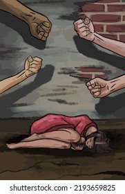 La ilustración muestra puños sobre una chica. Concepto: detengan la violencia.