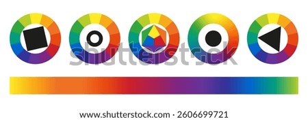 The illustration shows five circles with chromatic wheels and black geometric shapes inside, representing color schemes. Below, there is a gradient bar transitioning from yellow to green.