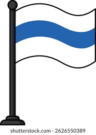 Illustration shows a flag with a blue horizontal stripe on a white background waving on a black flagpole in a simple flat design. Clean and clear graphic. Calm mood.