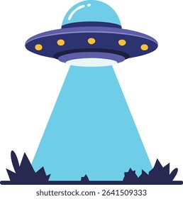 Illustration shows a flying saucer alien spaceship emitting a bright blue light beam over plants in a simple style, creating a mysterious and intriguing mood.