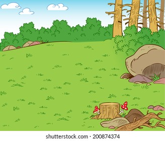 La ilustración muestra una tala forestal en la temporada de verano. La ilustración puede ser usada como fondo, hecha en estilo caricatura.