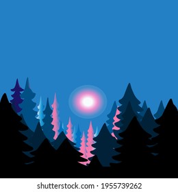 La ilustración muestra el bosque al atardecer, que ilumina los árboles.