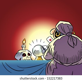 The illustration shows a fortune teller at a table with cards in their hands.On the table is a magical glass ball, skull and candle. Illustration done in cartoon style.