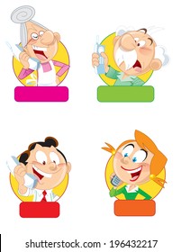 The illustration shows the four family members who talk on the phone. Illustration done in cartoon style, on separate layers, isolated on white background.