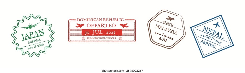 Illustration shows four passport stamps with travel dates for Japan, Dominican Republic, Malaysia, and Nepal. Each stamp has unique design and color representing international travel themes.