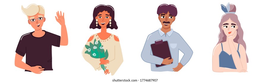 
The illustration shows four people: 2 men and 2 women. They are different, but they are in a good mood. Illustrations can be used, for example, for avatars or stickers.