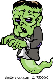 The illustration shows the Franken-ghost. His body has a green color and his skull is sewed. Frank is spreading the Halloween spirit. 