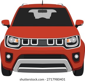 La ilustración muestra la vista frontal completa del SUV compacto rojo, con su parrilla distintiva, luces antiniebla redondas y protector de parachoques inferior plateado.