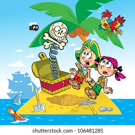 The illustration shows the fun of children. They play pirates.They found a toy instead of treasure.