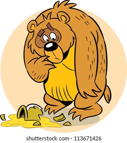 The illustration shows a funny bear. He upset  broken jar with honey. Illustration done on separate layers.