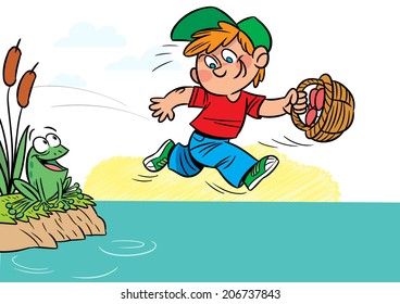 The illustration shows a funny boy with a basket of mushrooms in hands. He runs near the pond. Illustration done in cartoon style.
