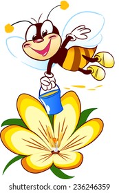 The illustration shows a funny cartoon bee on a flower. Illustration done on separate layers, isolated on a white background