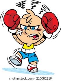 The illustration shows a funny cartoon boxer in gloves. Illustration done in isolation on a white background.