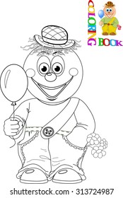 The illustration shows a funny cartoon clown with a balloon in hand. Illustration done in isolation, black and white outline done for coloring book
