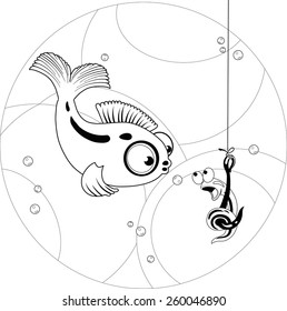 The illustration shows a funny cartoon fish that looks at the worm as fishing bait. Illustration done on separate layers.