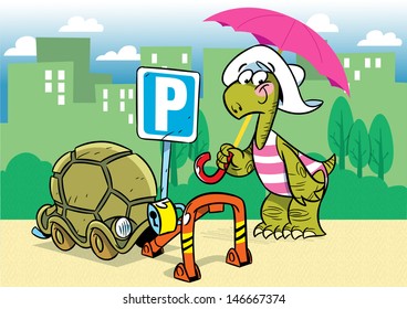 The illustration shows a funny cartoon tortoise. She parked in the parking lot its shell as a means of transportation. Parking is shown in the background of the city