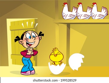 The illustration shows a funny girl in the hen house. She is smiling, looking at the little chicken. Illustration done in cartoon style, on separate layers.