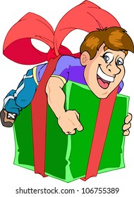 The illustration shows a funny man.It lies on the gift box and tied with red ribbon.