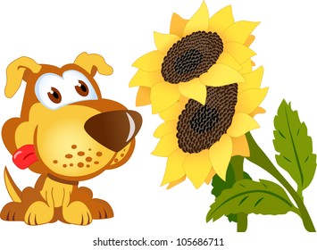 The illustration shows a funny puppy near the yellow sunflowers. Illustration done in cartoon style, on separate layers.