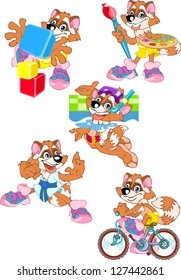 The illustration shows a funny raccoon, which goes on a bicycle, play  of different cubes, with a brush and a palette in hands, swimming in the pool, in a kimono is learning karate.