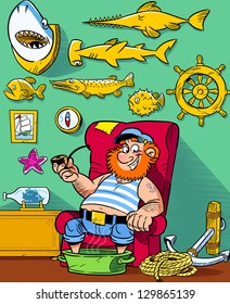 The illustration shows funny sea captain resting in his room, where the walls are covered with trophies.