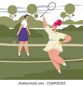 The illustration shows a game of tennis. The girl is happy because she won.
