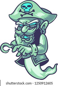 The illustration shows a ghost pirate that is looking for adventures. The ghost has a hook hand, he wears a pirate hat, a white shirt and a black coat. 