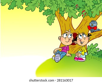 
 The illustration shows a girl and a boy on summer vacations. Children sit under a tree on the nature and listen to the  sings nightingale. Illustration  in cartoon style, there is a place for text