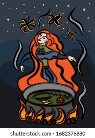 The illustration shows a girl brewing a potion and reciting spells, dancing around a fire.