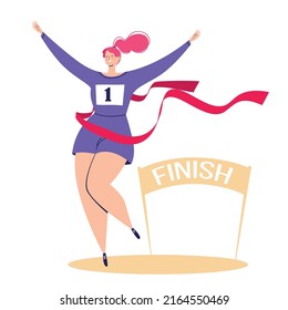 The illustration shows a girl celebrating her victory at the finish line.