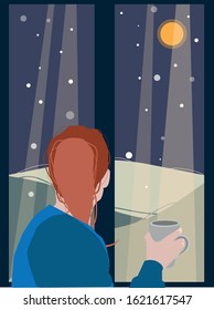 The Illustration Shows A Girl Drinking Coffee And Standing At The Window, Watching The Falling Snow.