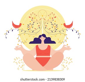 The illustration shows a girl during meditation.