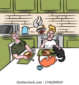 The illustration shows a girl and a guy having lunch while their pet cats try to steal food.