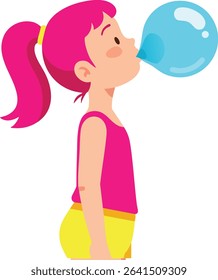 Illustration shows a girl with pink hair blowing a large bubble gum bubble wearing bright pink and yellow clothes in a playful mood.