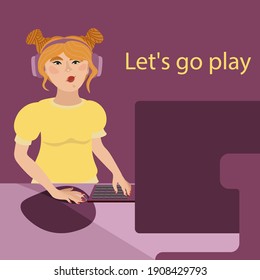 The illustration shows a girl playing at a computer.