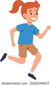 Illustration shows a girl running energetically wearing a blue shirt and brown shorts with a happy expression. The image is bright and cheerful.