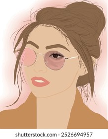 La ilustración muestra a una chica con una apariencia simple y minimalista, cuyos detalles dominantes son las gafas rosas. Los marcos de las gafas son de color rosa claro y redondeado, lo que le da a todo un poco de color