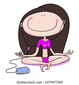 The illustration shows a girl sitting in the lotus position, with her smartphone and headphones in her ears, listening to music, meditation, color vector illustration