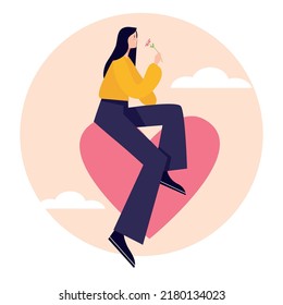 The illustration shows a girl sitting on a heart in the sky. The illustration symbolizes love.