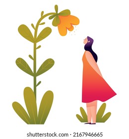 The illustration shows a girl sniffing a flower.