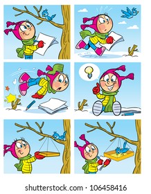 The illustration shows a girl who draws a bird. She hung a bird feeder for the bird. Illustration made in the form of comics, cartoon style, on separate layers.